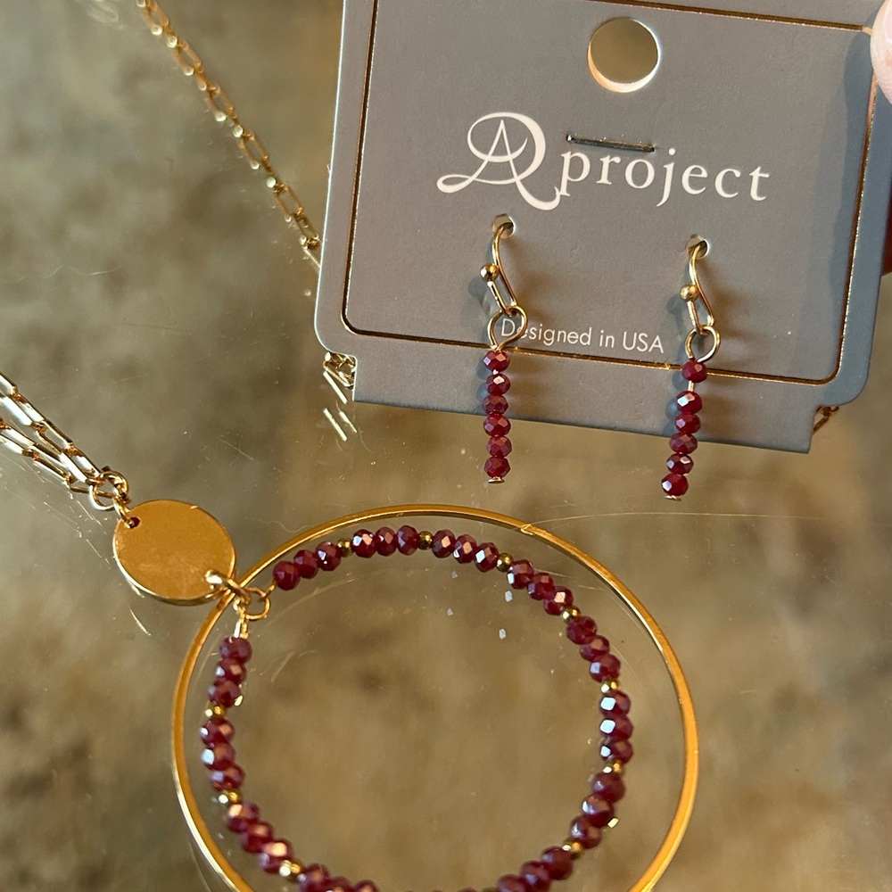 Gold and Red Beaded Necklace & Earring Set
